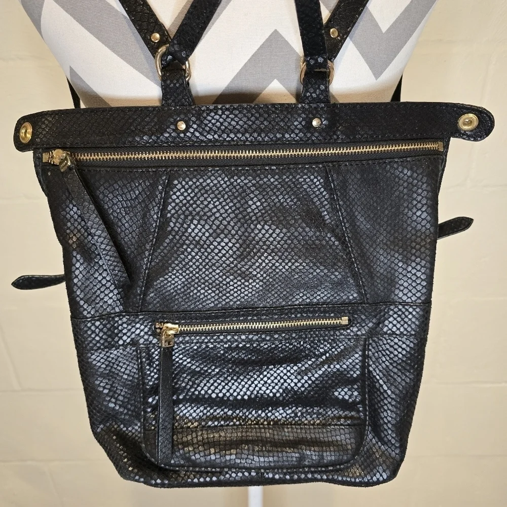 TUSK Small Gotham Snake Skin Leather Black Adj Strap Top Security Snap Backpack.